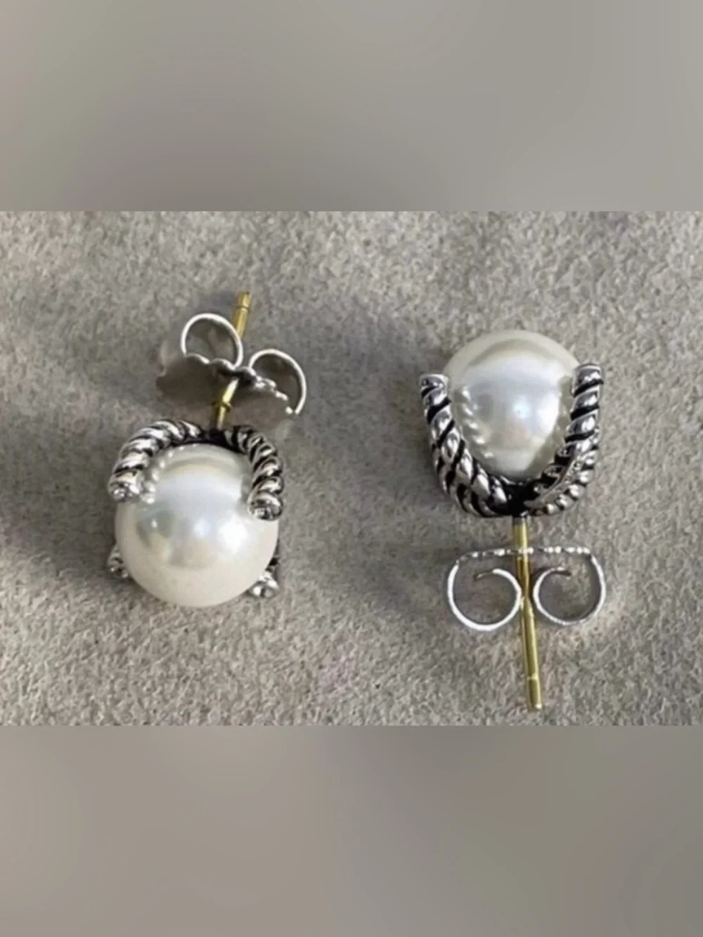 Classic White Pearl Stud Earrings with Twisted Silver Accents